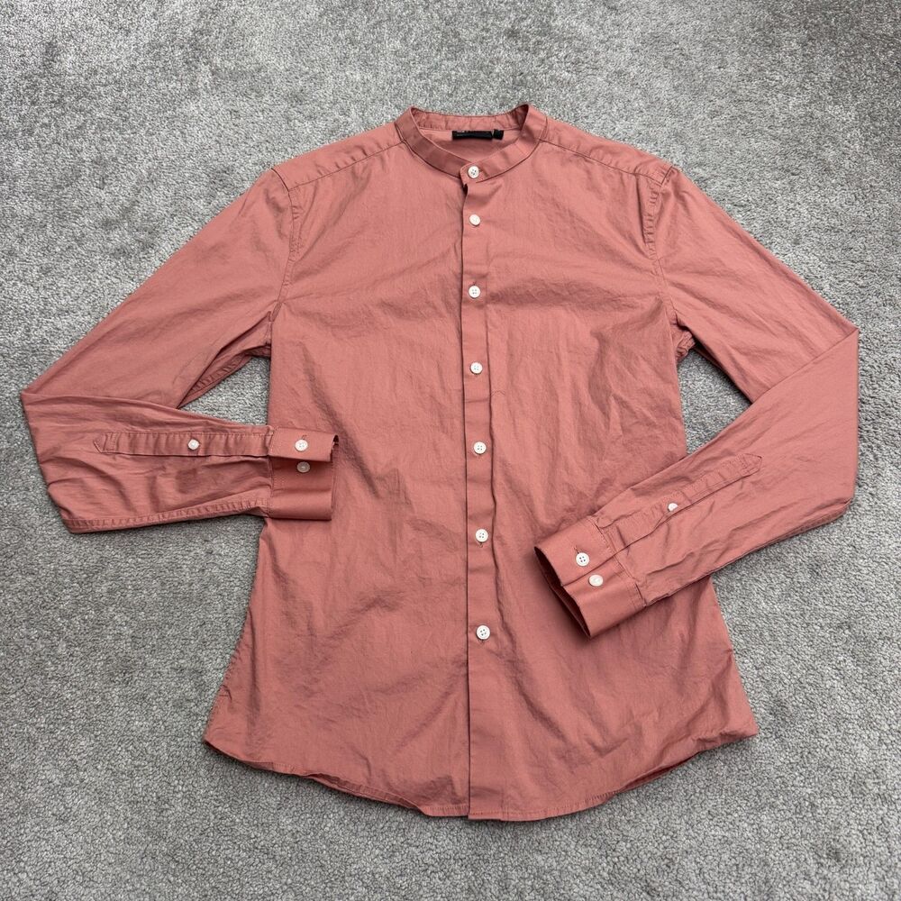 Asos Design Band Collar Button Down Shirt Mens Small Pink Long Sleeve Cotton Top